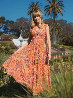 Mac Duggal Multicolor Floral V-Neck Ruffle Maxi Dress